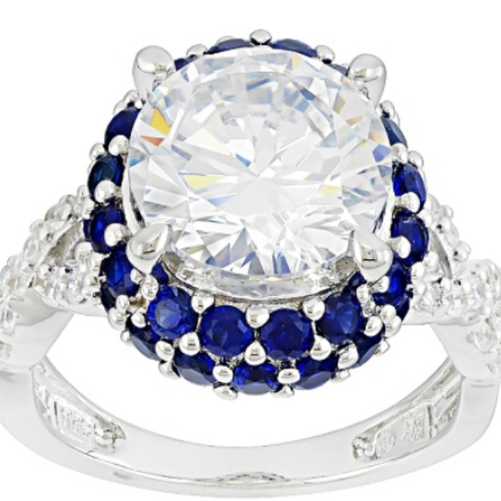 Blue & white ring in rhodium over sterling SZ 9 CZ